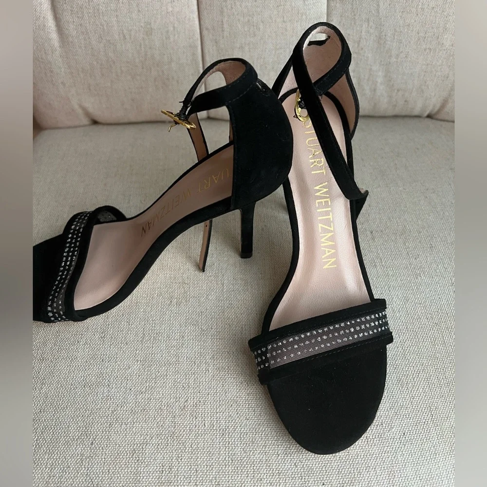 Stuart Weitzman Black Suede Ankle Strap Heels Size 4 Rhinestone Mesh Detail Rare